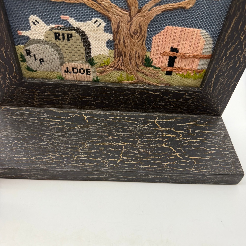 Halloween Needlepoint Framed Ghost Graveyard Spooky Shelf Sitter Handmade Art - Picture 5 of 13